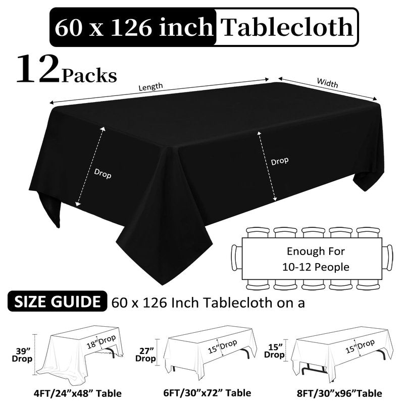Heneger 12 Pack Black Tablecloths 60 x 126 Inch Rectangular Table Cloths for Rectangle Tables 8ft, Wrinkle Resistant Black Table Cloth Washable Polyester Fabric for Buffet Wedding Party Banquet