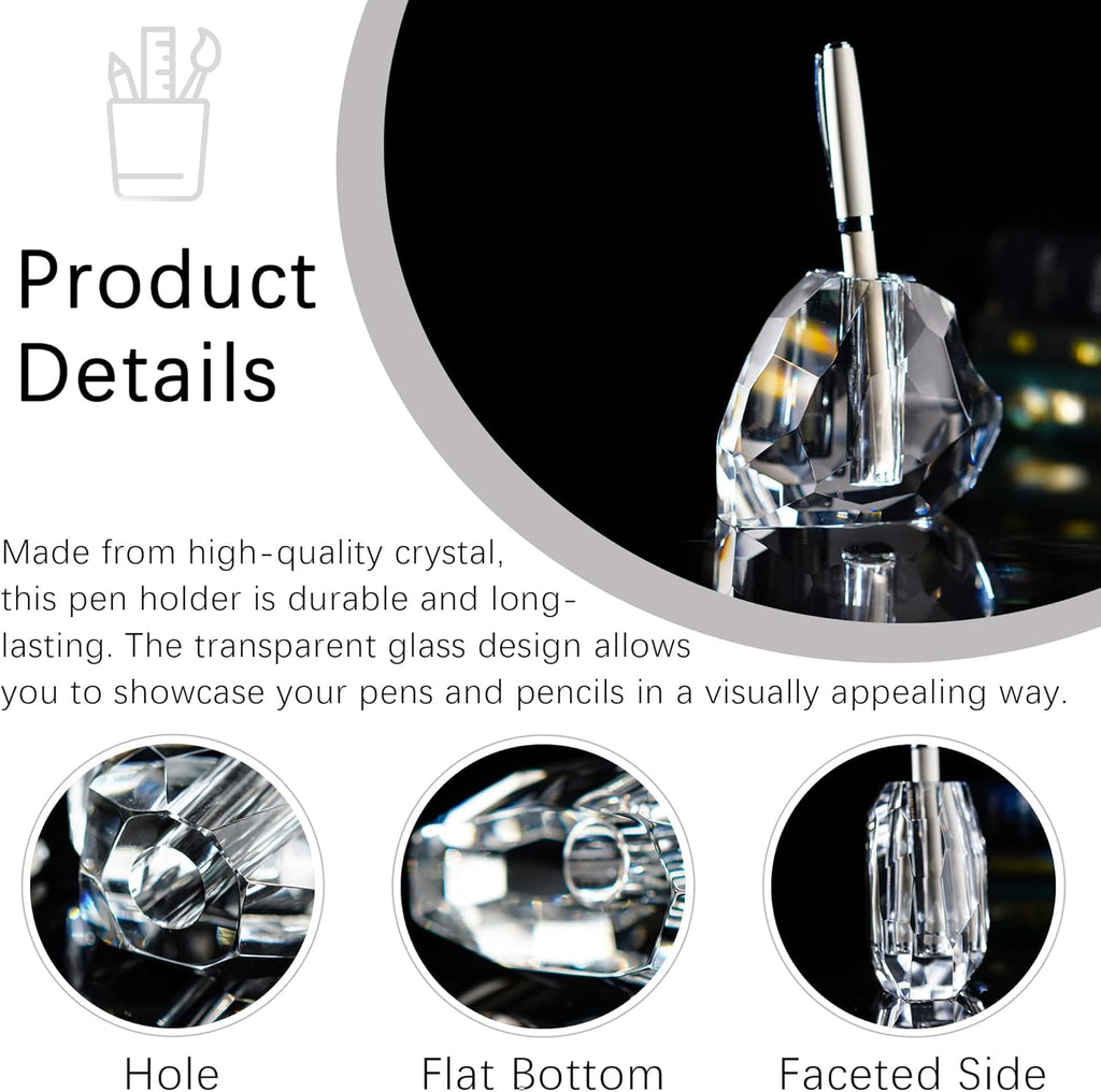 QFkris Crystal Heart Shaped Pen Holder - Elegant Glass Feather Desk Organizer | 3.5" Decorative Stand for Office