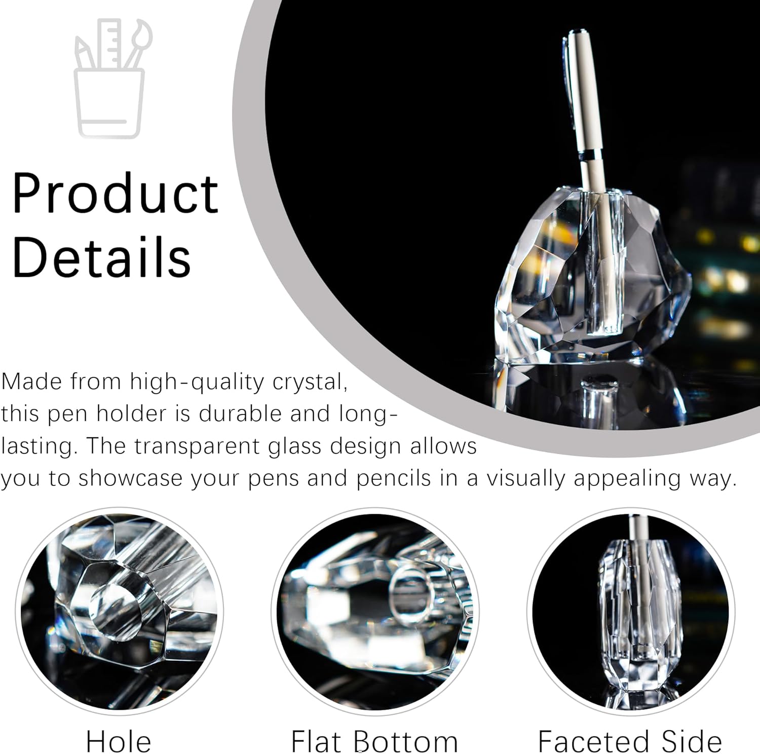 QFkris Crystal Heart Shaped Pen Holder - Elegant Glass Feather Desk Organizer | 3.5" Decorative Stand for Office