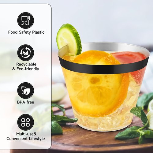 pyntop 100pcs Black and Clear Plastic Cups, 9oz Plastic Cups Black Rimmed Disposable Cocktail Glasses Fancy Disposable Cup Drinking Tumblers Shot Cup for Wedding Party