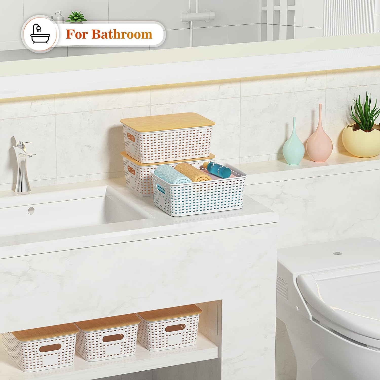 Ohmlove Plastic Storage Baskets - Stackable Containers with Bamboo Lid for Organizing | 6 Pack