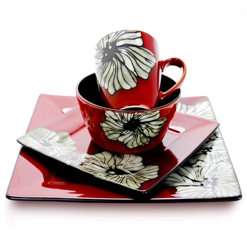 Elama's Luxurious Red Winter Bloom 16 Piece Dinnerware Set with Complete Settign for 4