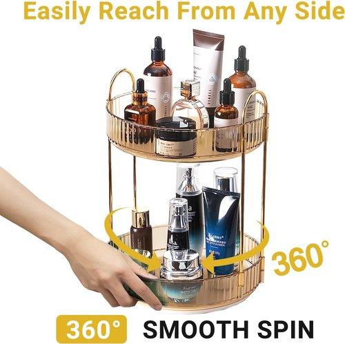 Asayuee 360° Rotating Gold Makeup Organizer - Large Capacity 2-Tier Skincare & Perfume Storage