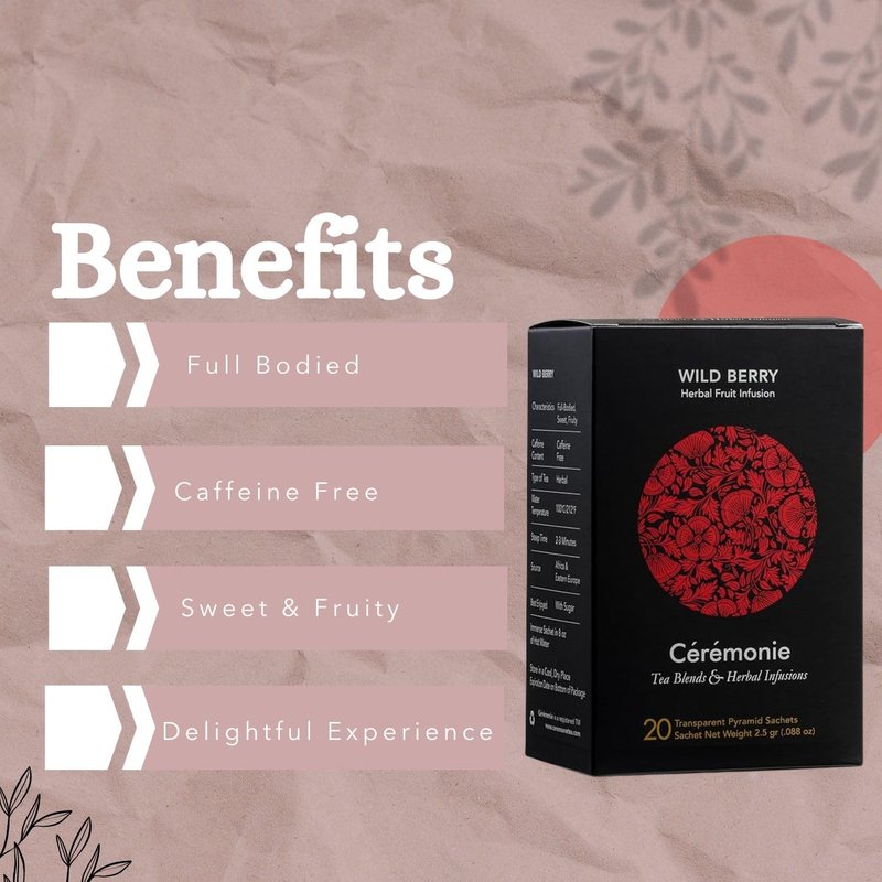Ceremonie Wild Berry Herbal Fruit Infusion Tea - Full-Bodied, Sweet & Fruity - Caffeine Free with Hibiscus & Wild Berries - Bright Red Hue - 2-3 Minutes Steep Time - 20 Transparent Pyramid Sachet