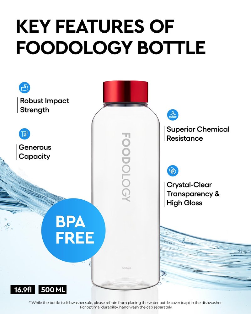 FOODOLOGY Bottle for Drink Mix (Red, 16.9fl oz) - Leak Proof, Lightweight, Durable Sports Water Bottle. Reusable for Gym, Outdoor, Travel. BPA Free, Clear Beverage Container with Marker