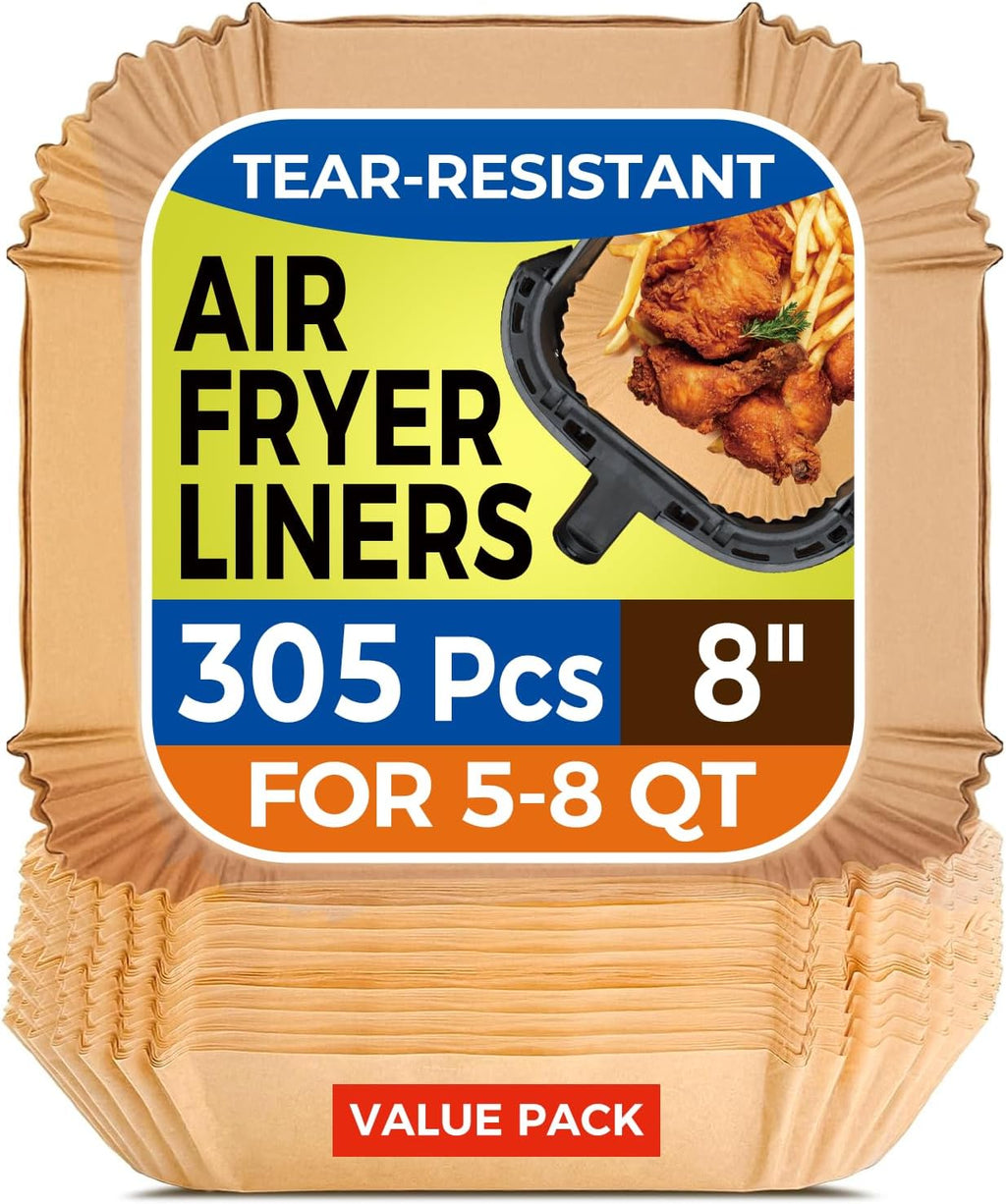 Vailnd Air Fryer Liners - 305 PCS Unbleached Disposable Paper Liners | 8" Square for 5-8 QT Air Fryers