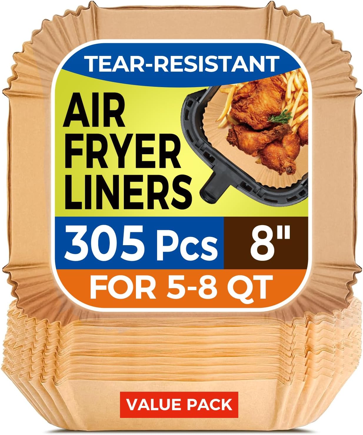 Vailnd Air Fryer Liners - 305 PCS Unbleached Disposable Paper Liners | 8" Square for 5-8 QT Air Fryers