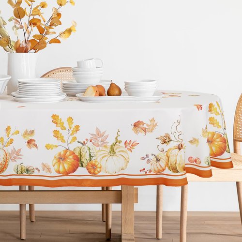 Oval Fall Tablecloth Autumn Pumpkin Table Cloths Thanksgiving Oval Tablecloth Waterproof,Anti-Wrinkle,Easy To Wash,Reusable Polyester Table Cover For Thanksgiving & Fall Decorations 60x84 Inch