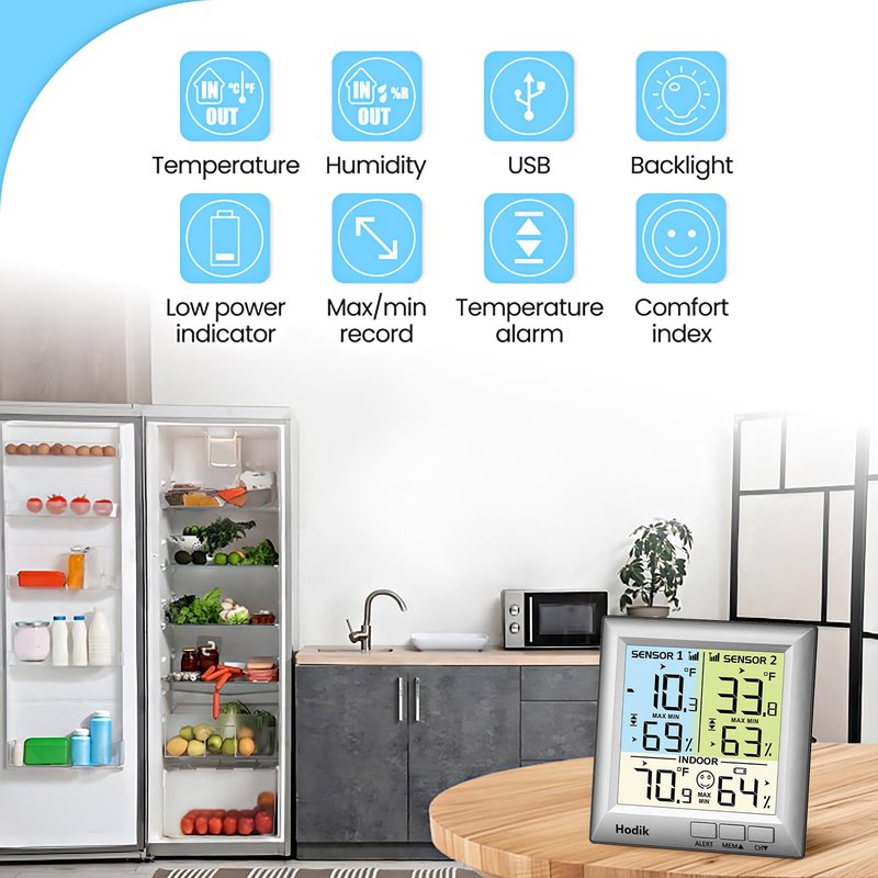 Wireless Freezer Thermometer with Alarm Refrigerator Thermometer, Fridge Freezer Alarm Thermometer Digital with 3 Adjustable Backlight and 330FT Remote Range for Kitchen Home Restaurant (Silver)