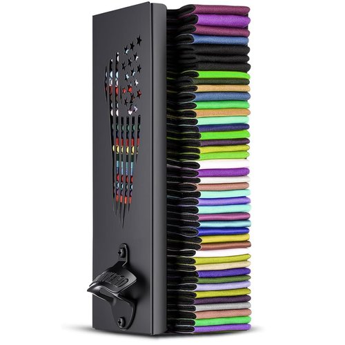 2 in 1 Metal Can Cooler Holder with Bottle Opener - Wall Mount, Compatible with Standard Can Cooler, Beer Sleeves Organizer and Dispenser for Home Family Bar (16 in)