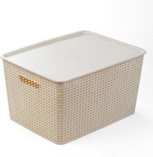 BINO Plastic Storage Baskets with Lids - 33 Liter | 3 Pack Natural | Ideal for Organizing Shelves