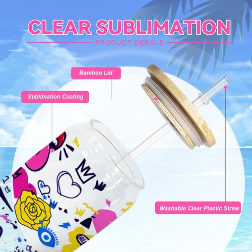 Kocdam Sublimation Glass Cups Blanks with Bamboo Lids and Straws 25 Set 16 oz Reusable Iced Coffee Cup Beer Can Drinking Glasses, Cute Tumbler Cup for Smoothie Whiskey Boba Soda Tea Water