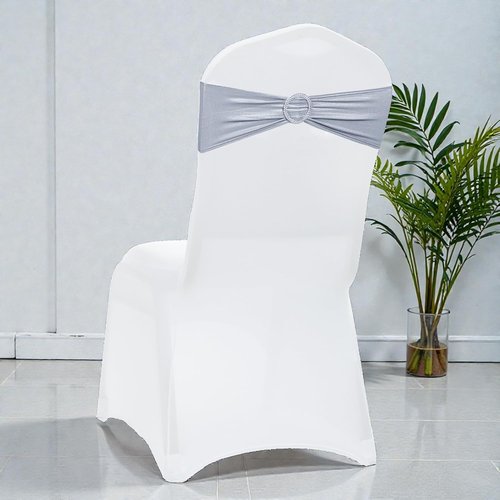 MDS Spandex Foil Chair Sashes - Universal Elastic Stretch Bands with Buckle for Weddings | Metallic Silver - Pack of 50