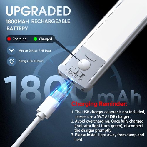 MCGOR Under Cabinet Lighting - 10-Inch Rechargeable Motion Sensor Lights | 5 Levels Dimmable, 2-Pack