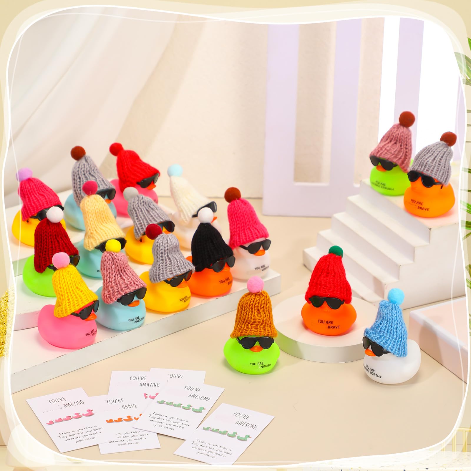Liliful 2 Inch Rubber Ducks Bulk with Hats Glasses You Are Awesome Sign Card Employee Appreciation Gift for Friends Staff Team Coworker Exchange(96 Sets,Colorful)