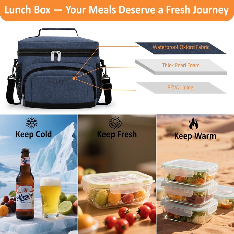Vankor Lunch Box for Men Women, Large Double Layer Insulated Lunch Bag Tote Expandable Leakproof Waterproof Cooler Bag with Adjustable Shoulder Strap for Work Office Picnic Travel, Blue