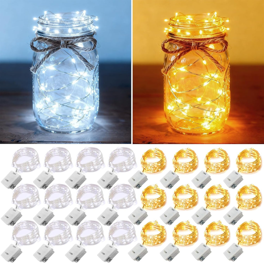Skiennix 24-Pack Fairy Lights - Battery Operated 20 LED Mini Twinkle String Lights | Waterproof Silver Wire for Weddings & Christmas Decor - Warm White & Cool White