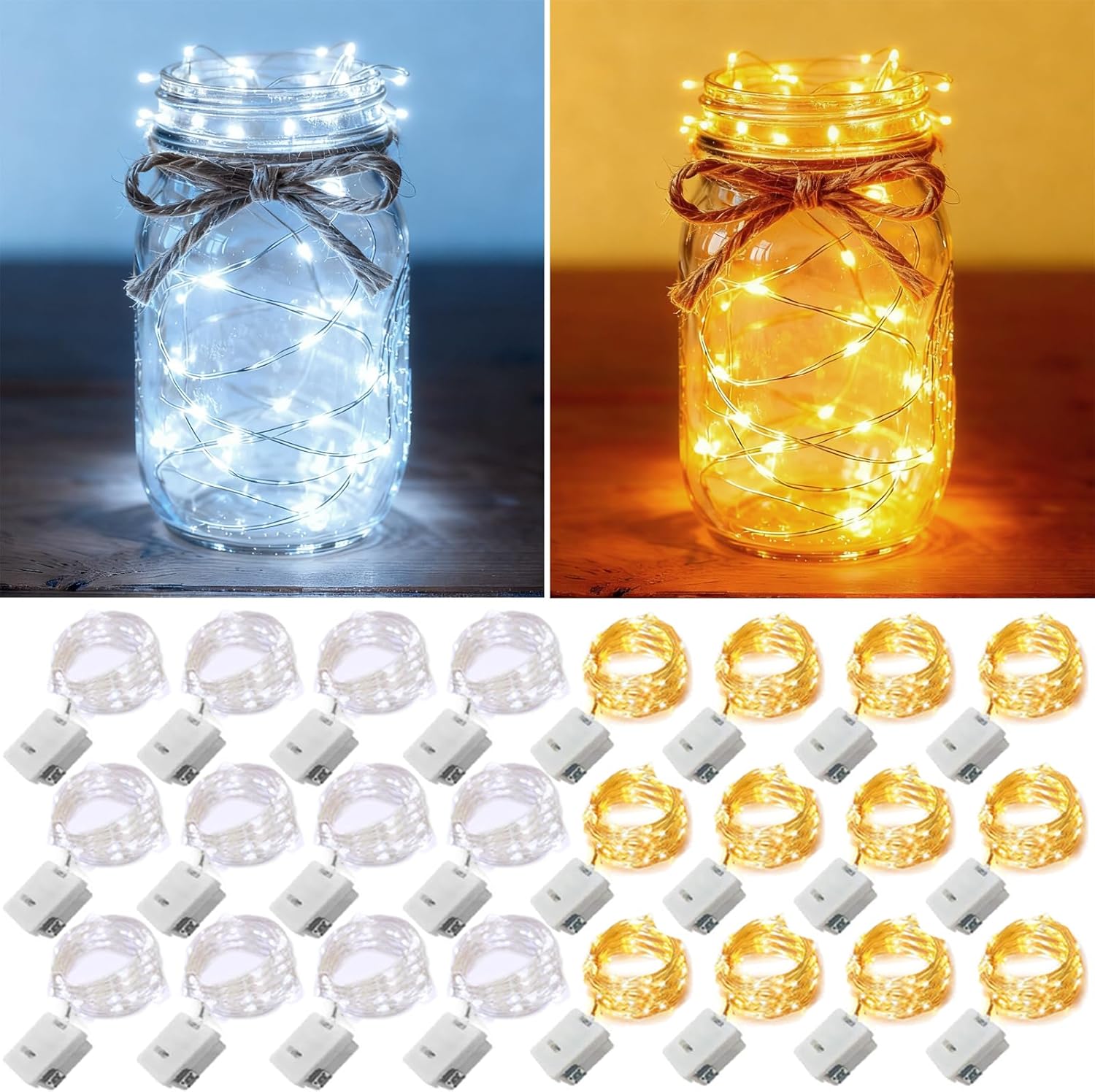 Skiennix 24-Pack Fairy Lights - Battery Operated 20 LED Mini Twinkle String Lights | Waterproof Silver Wire for Weddings & Christmas Decor - Warm White & Cool White