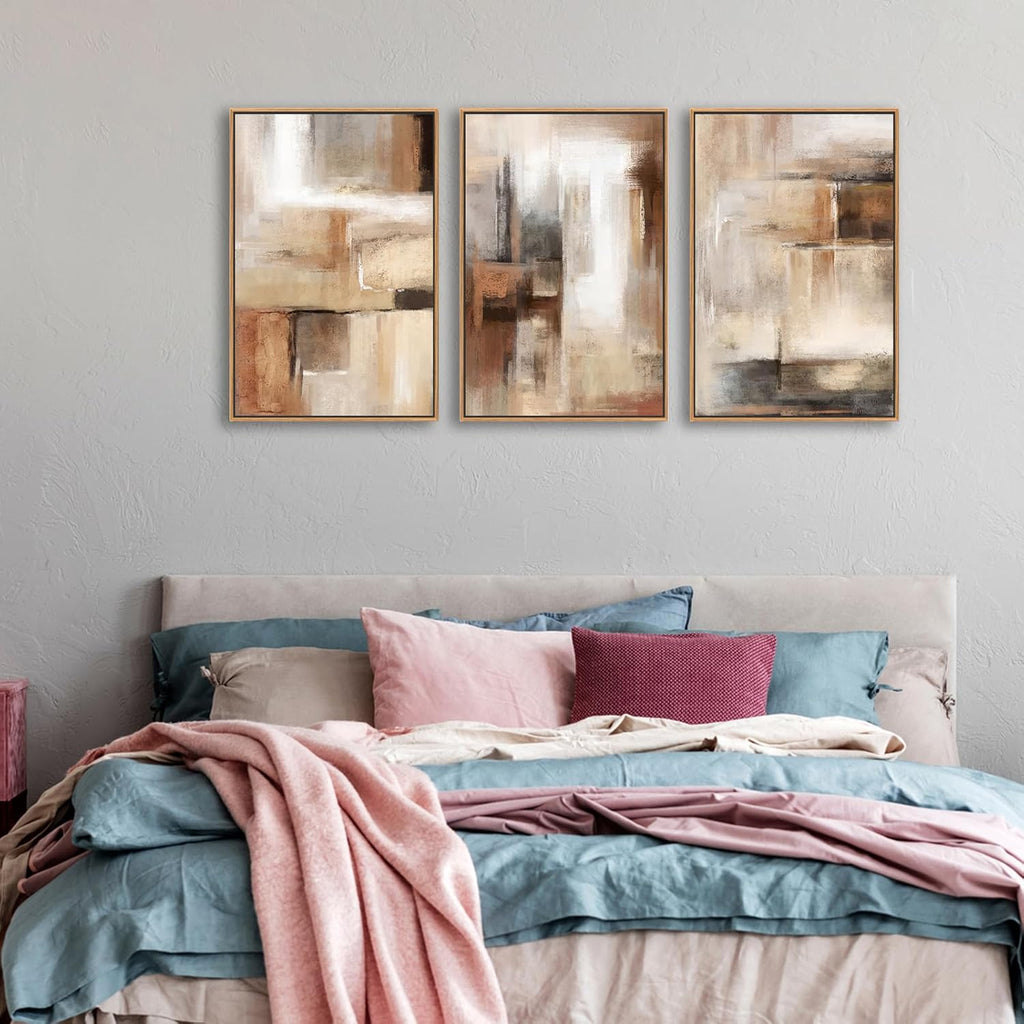 Natural Float Framed Canvas Wall Art by Large Framed | Brown Abstract Paintings for Living Room Decor - Set of 3, 48" X 24"
