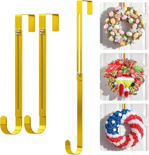 Gold Wreath Hanger - Adjustable Over The Door Hook (15-25 Inch) | Heavy Duty Metal for Seasonal Decor