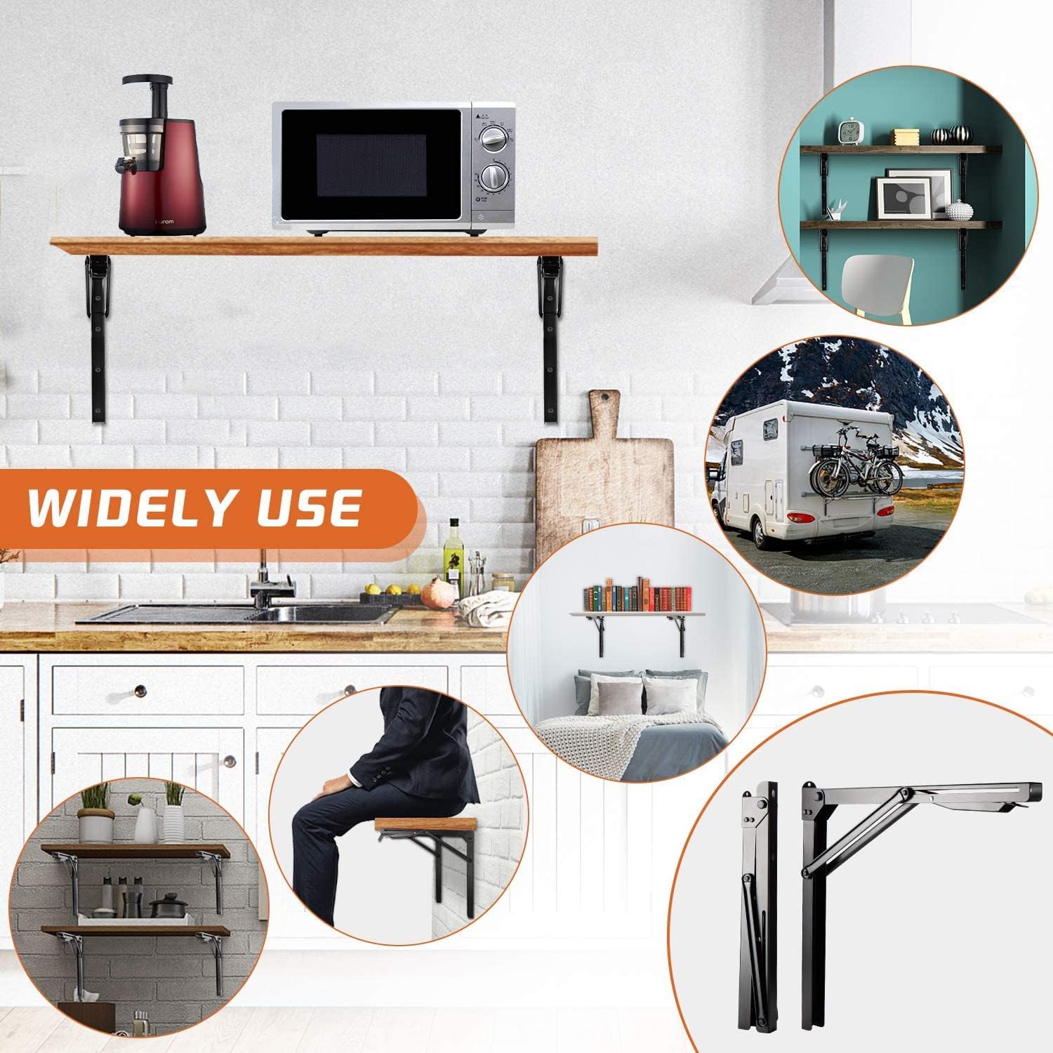 Ultrawall Heavy-Duty 24-Inch Black Folding Shelf Brackets - Adjustable Steel, Max Load 550lb