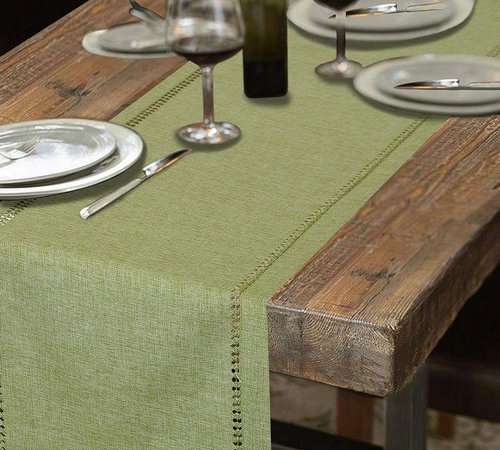 Grelucgo Small Handcrafted Solid Color Dining Table Runner, Dresser Scarf, Double-Hemstitched (Sage Green, 14 x 36)