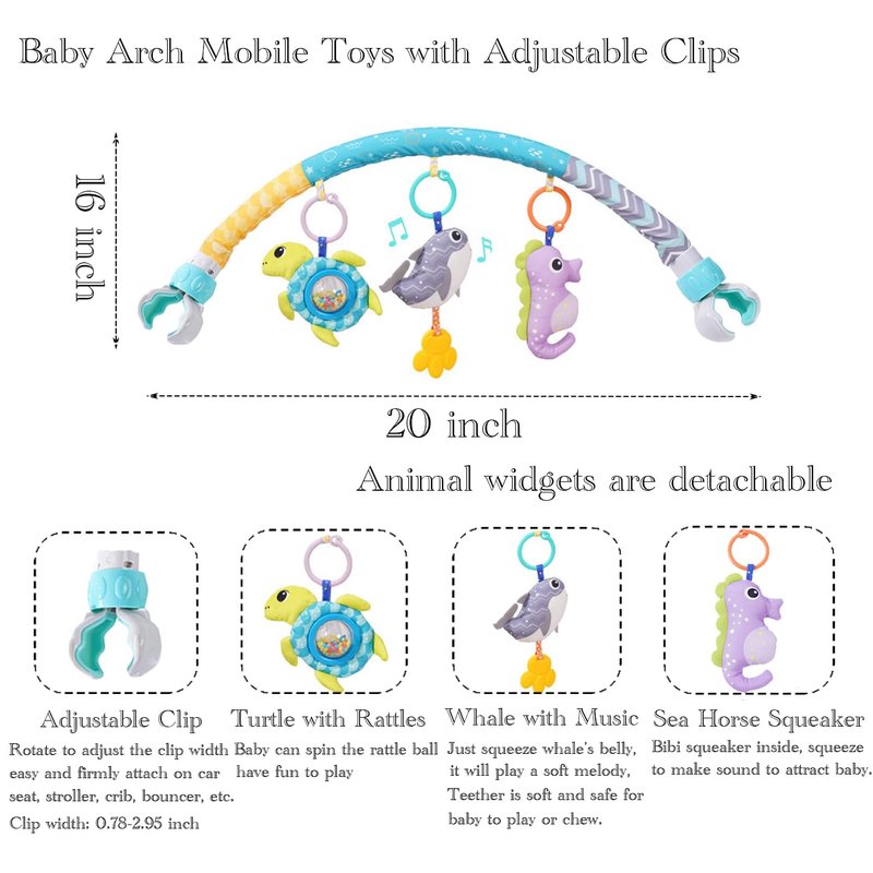 ORZIZRO Baby Stroller Arch Toys, Crib Mobile for Infants Adjustable Bassinet Mobile with Universal Clamp, Activity Toy Bar for Bouncer Newborn CarSeat Stroller Toy Sense Toys for Baby 0 6 12 Months