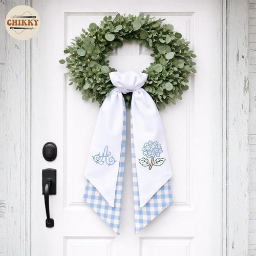 Monogram Wreath Sash Bow - Adjustable Farmhouse Door Decor | Embroidered Hydrangea Design
