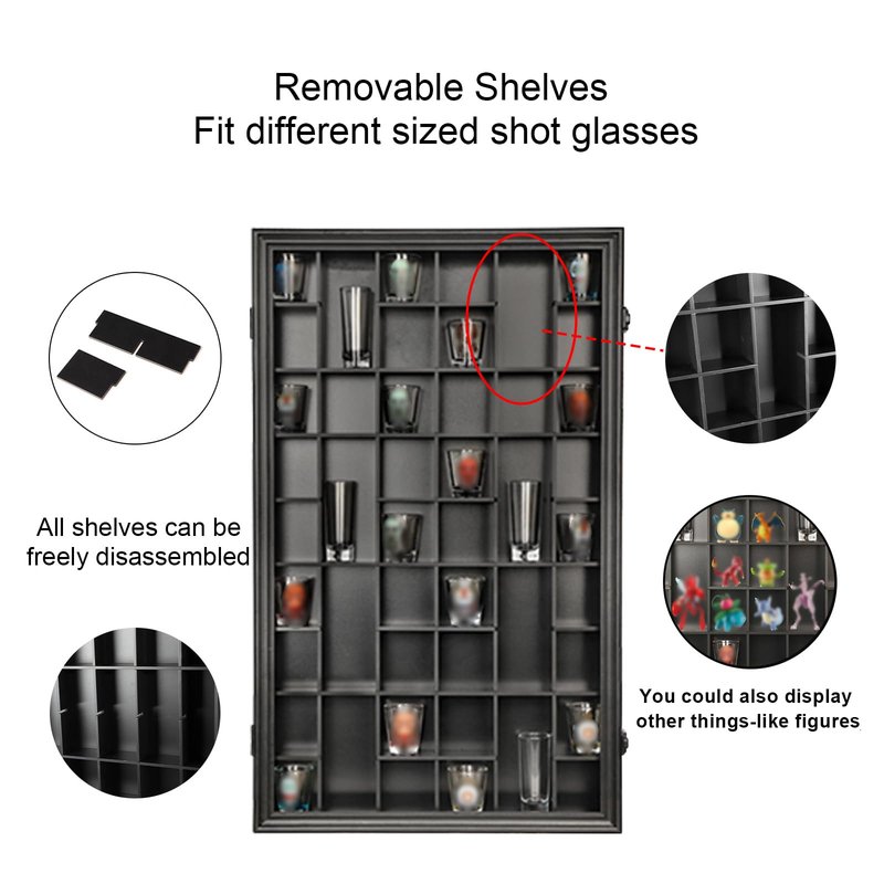 Sboitflmm 46 Shot Glass Display Case - Wall Mount Wooden Lockable with Removable Shelves, UV Protection Acrylic Shot Glass Door, Black