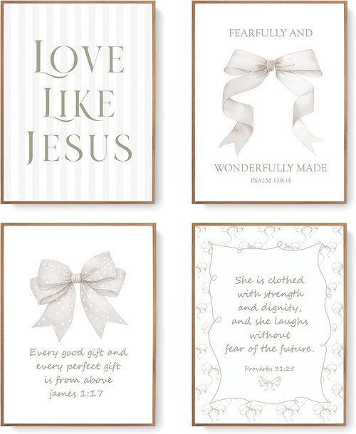 LARTSFRO Coquette Beige Bow Wall Art Decor - Inspirational Christian Posters for Teen Girls | 12x16 Inch Set of 4 (Unframed)
