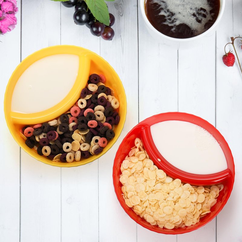 Okllen Set of 12 Anti-soggy Cereal Bowls, Plastic Divided Bowl for Chip and Dip, Separated Snack Bowl Sauce Dipping Dish for Ice Cream, Yogurt and Berries, 4 Colors