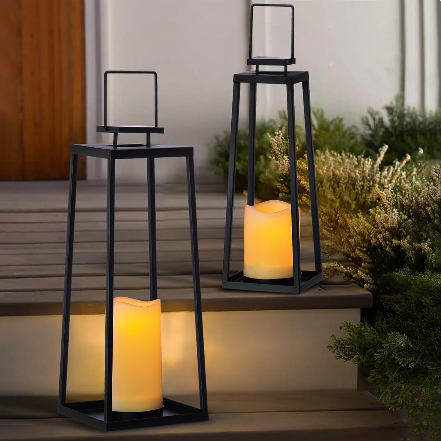 Skiennix Solar Lanterns - Decorative Outdoor Set of 2 | Modern Black Metal with Solar Candles (18’’ & 15’’)