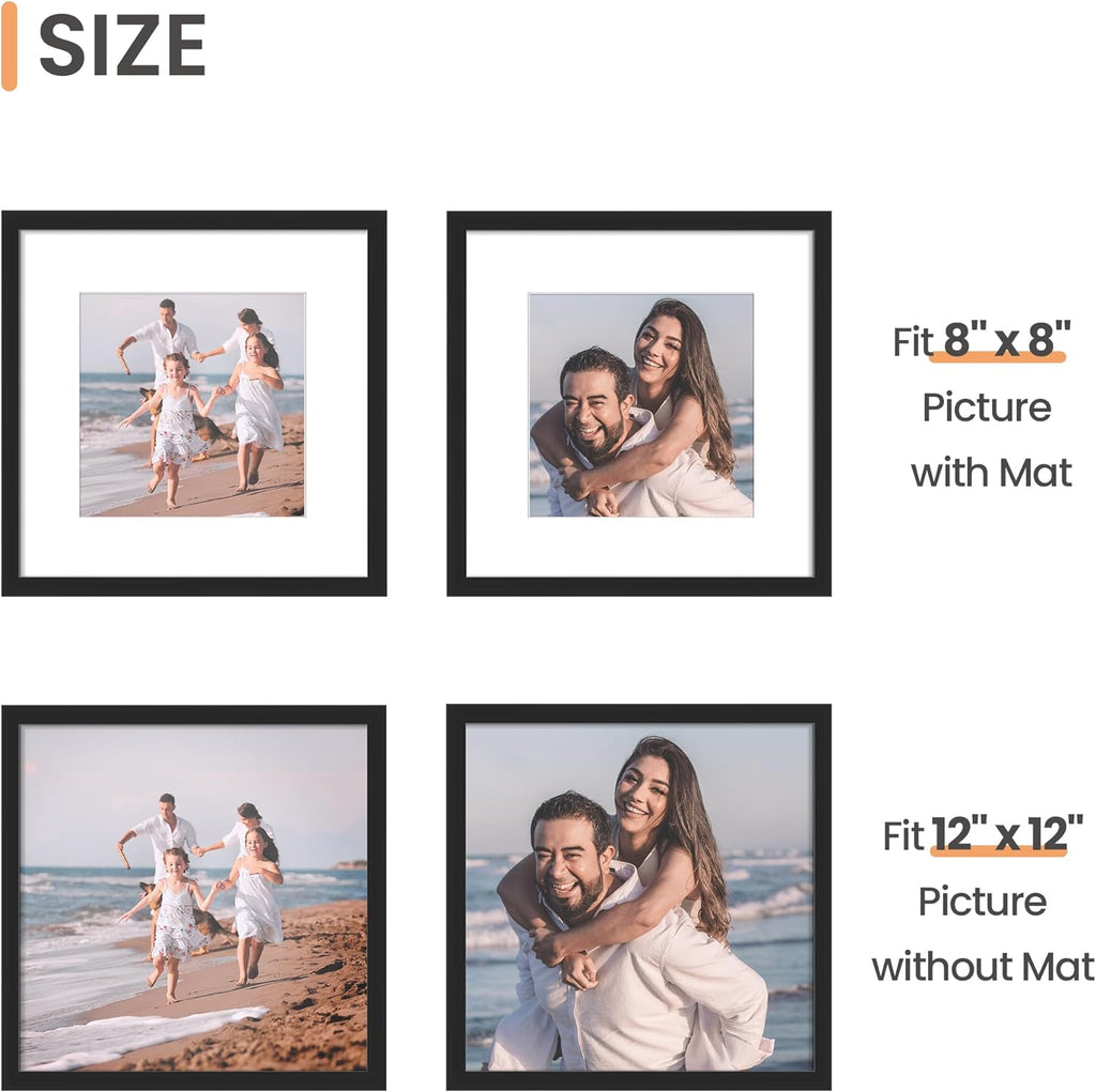 Upsimples 12x12 Picture Frame - Display 8x8 Photos with Mat or 12x12 Without Mat | Black, 1 Pack