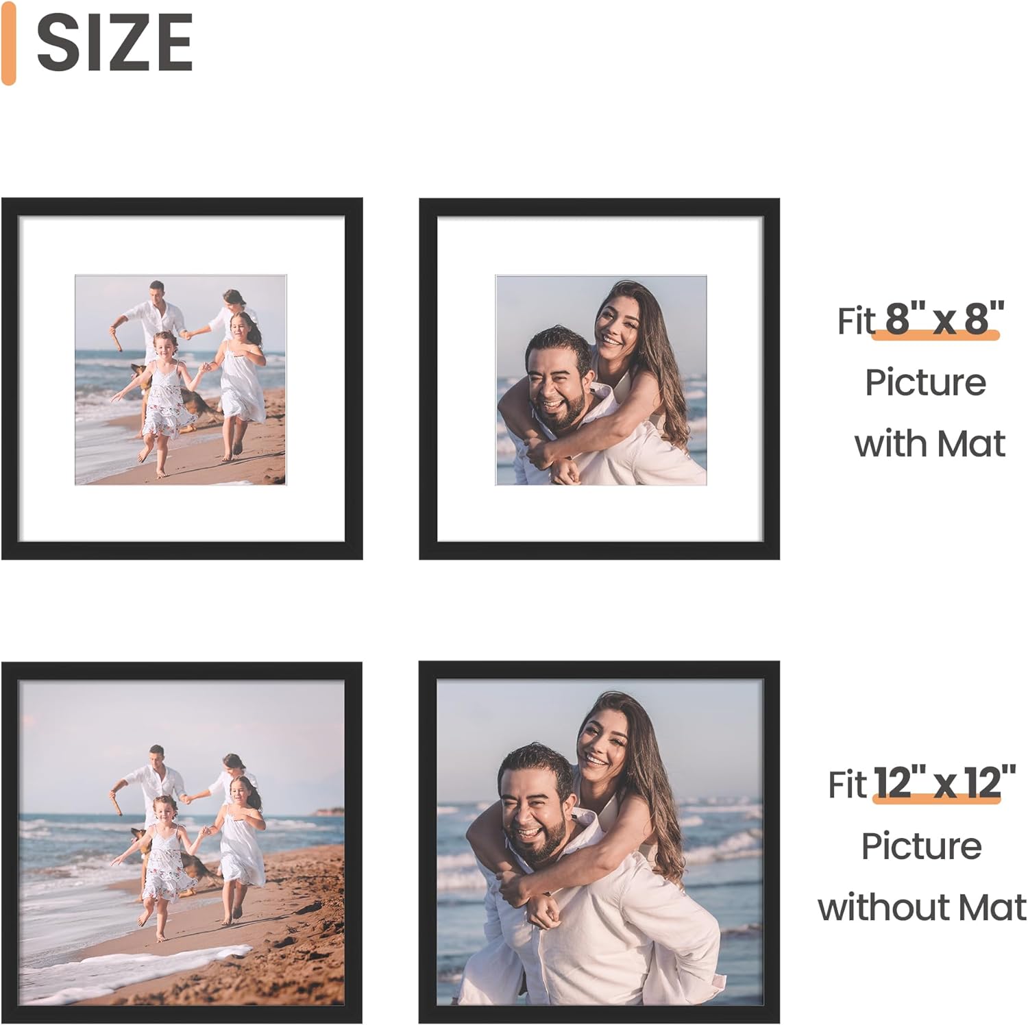 Upsimples 12x12 Picture Frame - Display 8x8 Photos with Mat or 12x12 Without Mat | Black, 1 Pack