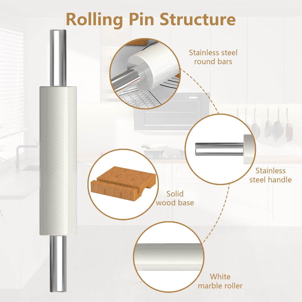 Mepple Marble Rolling Pin with Stainless Steel Handle for Baking,Fondant,Pizza,Cookie Crust,Pie,Cookies,Pastry, 18.5”(Includes handle) Marble Rolling Pin with 3 Multi-Color Thicknesses and Wood Stand