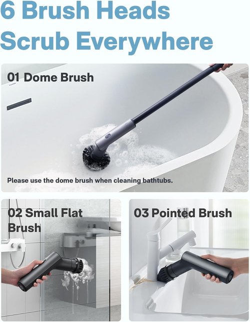 HOTO Cordless Electric Spin Scrubber - Waterproof Bathroom Cleaning Brush with 6 Brush Heads | Long Handle & Powerful 22 in-lb Torque