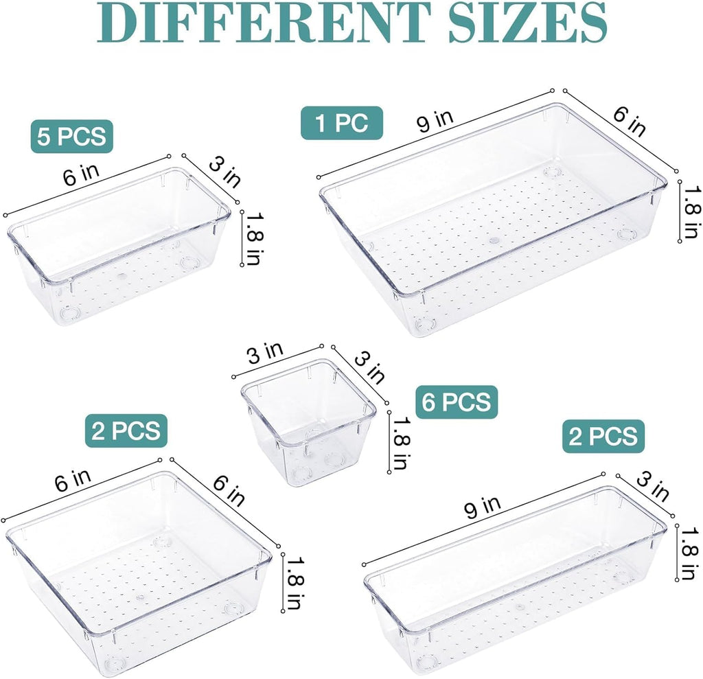 StorMiracle Drawer Organizer Set - 16 PCS Clear Storage Bins for Bathroom & Kitchen | Versatile Sizes for Makeup, Jewelry & Utensils