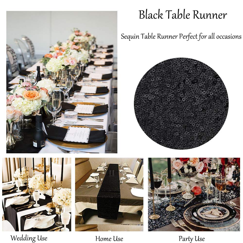 Sequin Table Runners 5 Pieces Black Table Runners 12x72 Inch Glitter Dining Table Cover for Party Wedding Birthday Reception Banquet Decoration Spring Party Chair Sashes