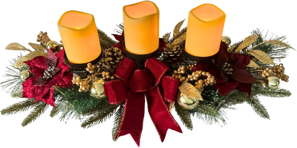 Svndlyn Christmas Candle Holders - Festive 3-Piece Set with Red Poinsettia & Golden Accents for Table Centerpiece