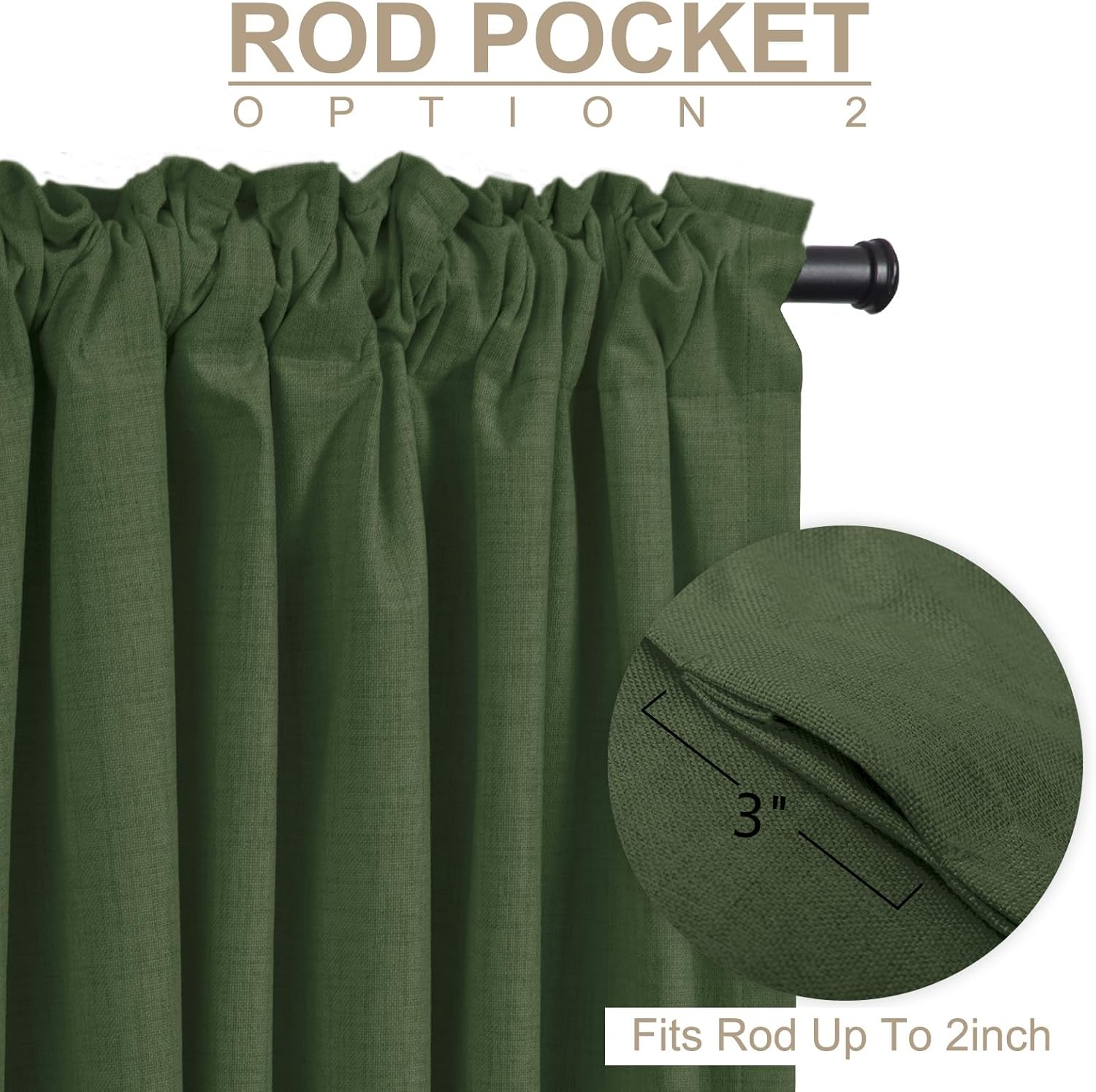 Skiennix 100% Blackout Linen Curtains - Thermal Insulated Drapes, 2 Panels Set | Moss Green, 50" W x 63" L