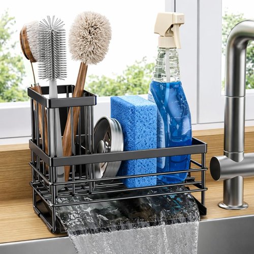 Cisily Sink Caddy - Rustproof Kitchen Organizer with Brush Holder & Self-Drain Tray | Black