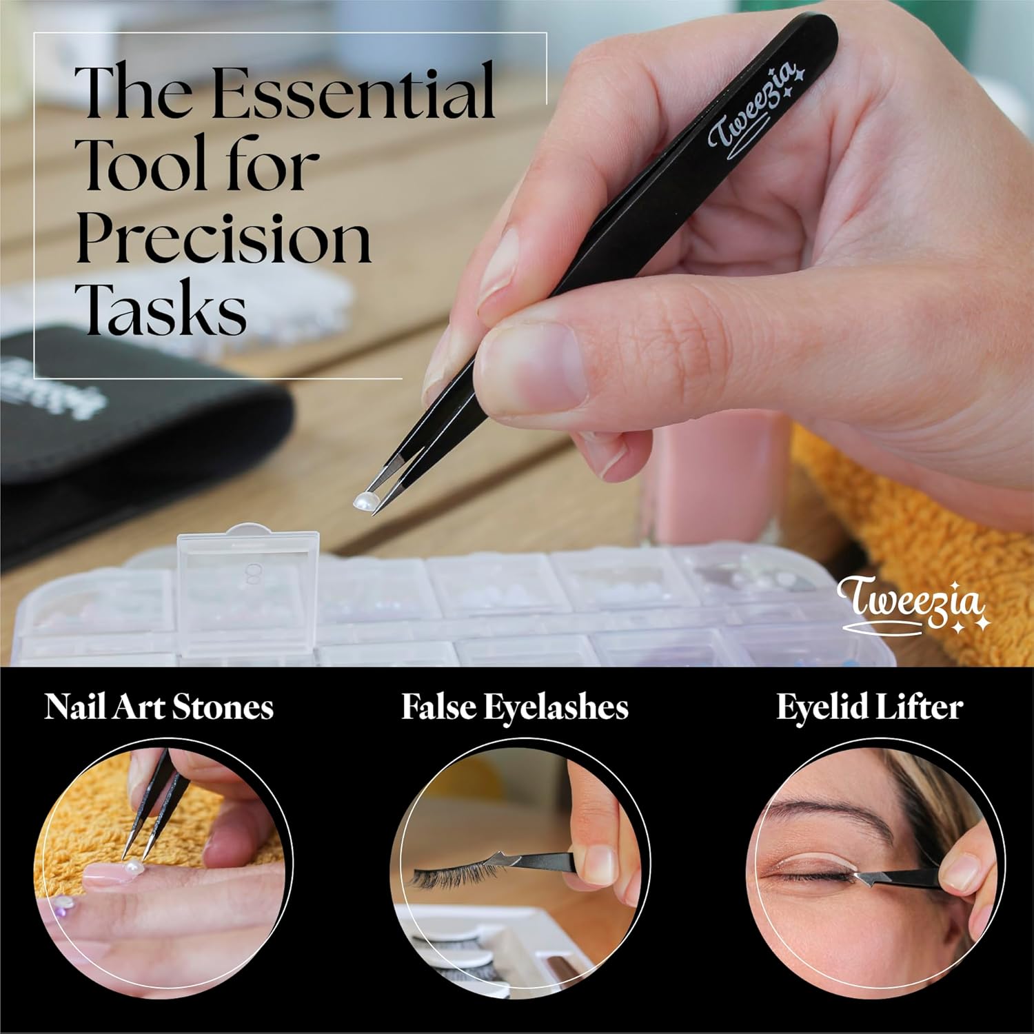 TWEEZIA Stainless Steel Tweezer Set - 4 Precision Tweezers with Mirror & Leather Case | Ideal for Eyebrows, Ingrown Hairs, and Splinters