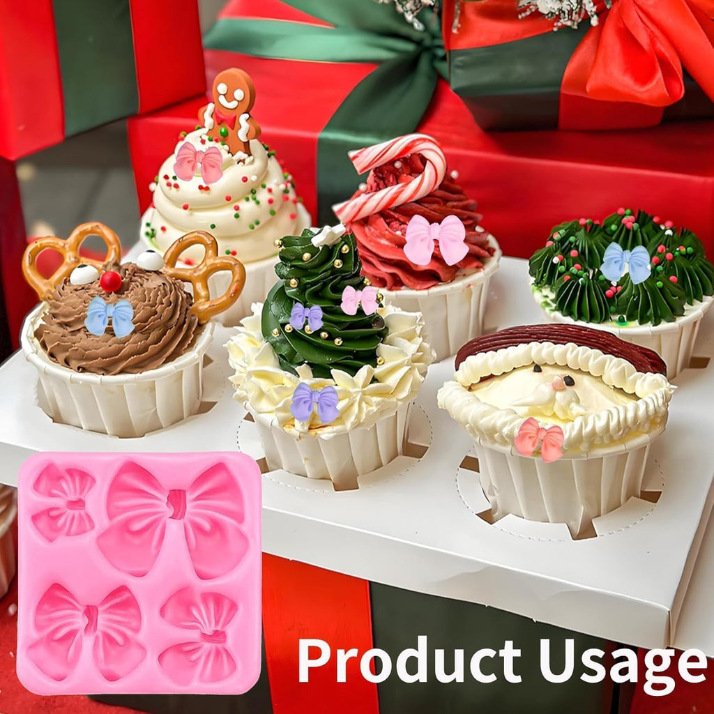Skiennix Silicone Bow Molds - 4Pcs Set for Cakes, Cupcakes, Chocolate & Resin Crafts | Pink & Gray