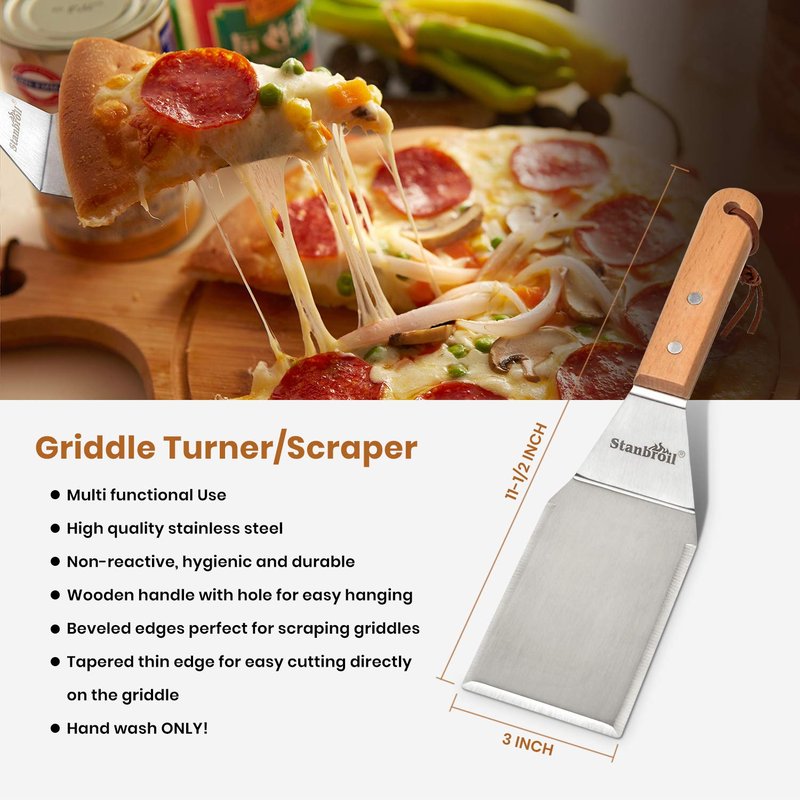 Stanbroil Large Metal Griddle Spatula Set with Long Flat Spatulas and Cast Iron Grill Press for Flat Tops, Griddles, Grills, Ovens and Stoves,Set of 4