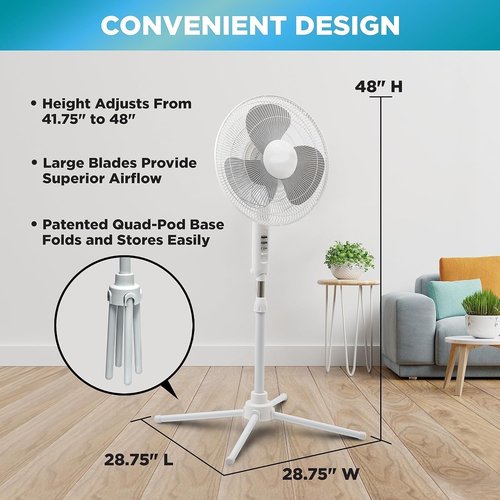 EZ-Chill 16” Oscillating Pedestal Fan - 3-Speed Options, 90-Degree Oscillation, Adjustable Height, White