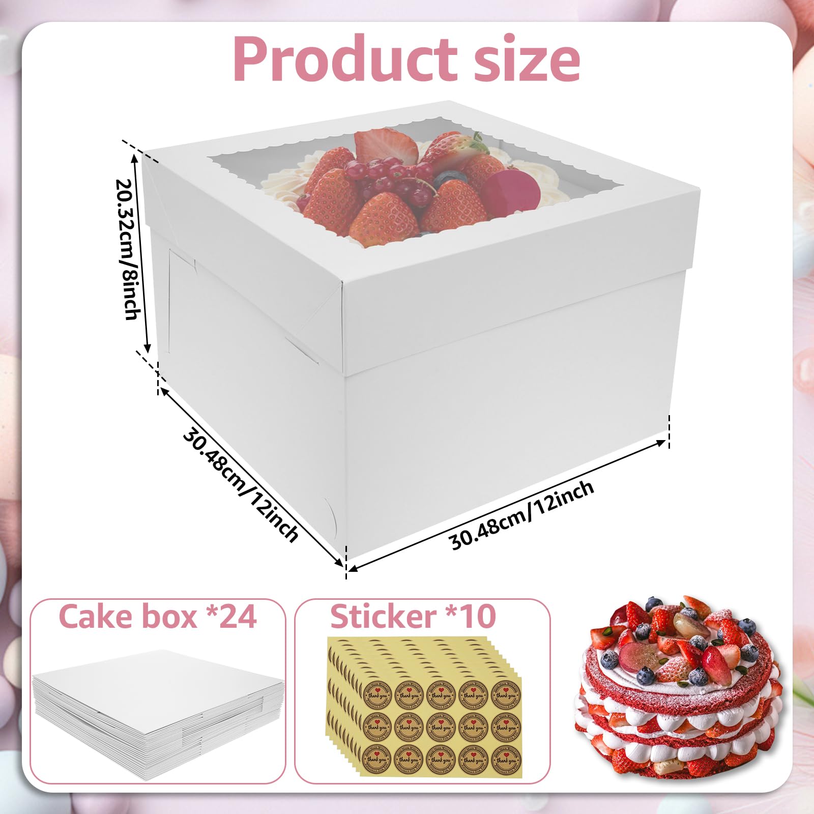 YMKWZ 24 PCS Cake Boxes 12 Inches Tall Bakery Boxes with Clear Window Easy to Fold Cake Containers Versatile Cardboard Bakery Take Out Carrier Large Dessert Cake Boxes for Party
