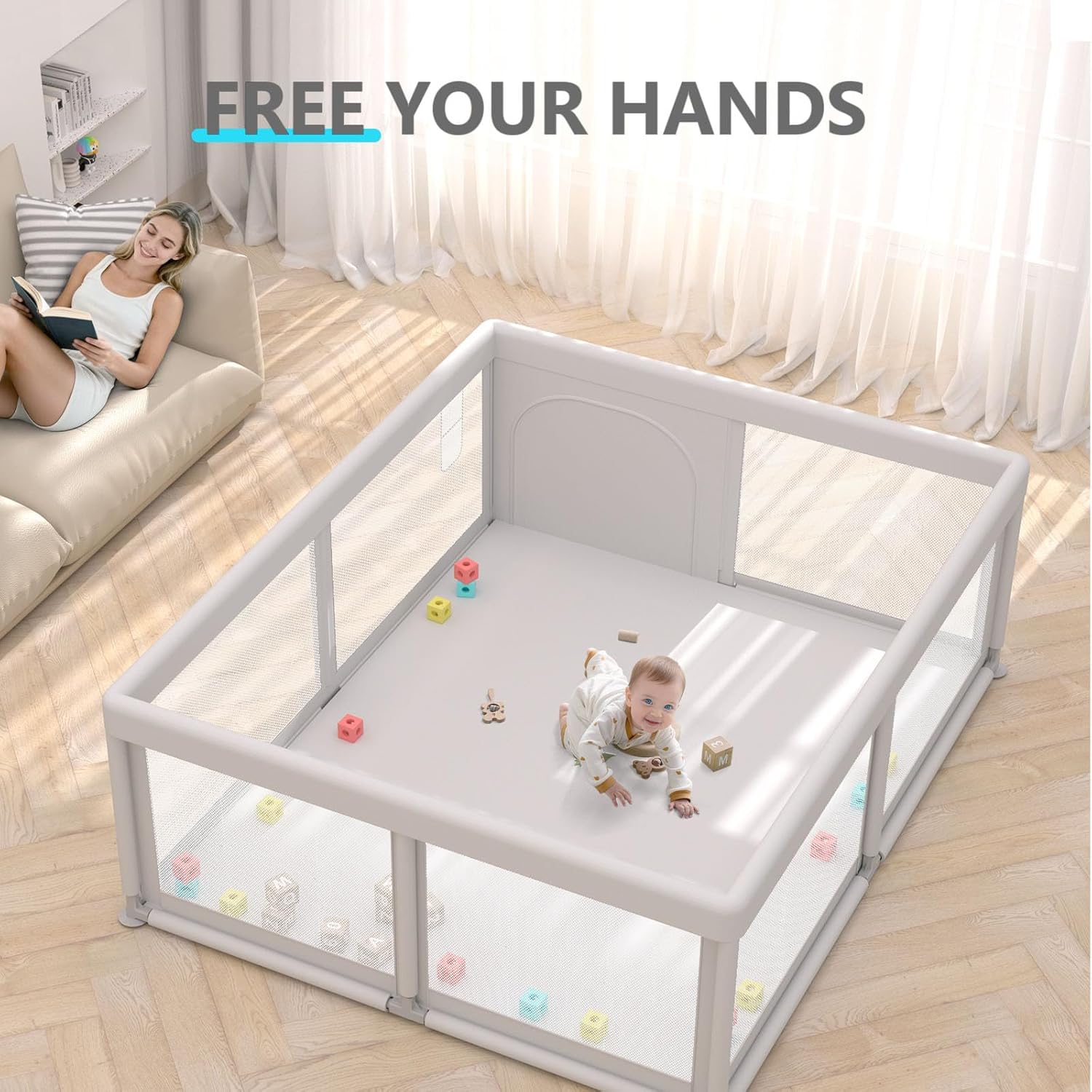 Skiennix Baby Playpen - Breathable Mesh Play Yard for Indoor & Outdoor Use - Grey Color