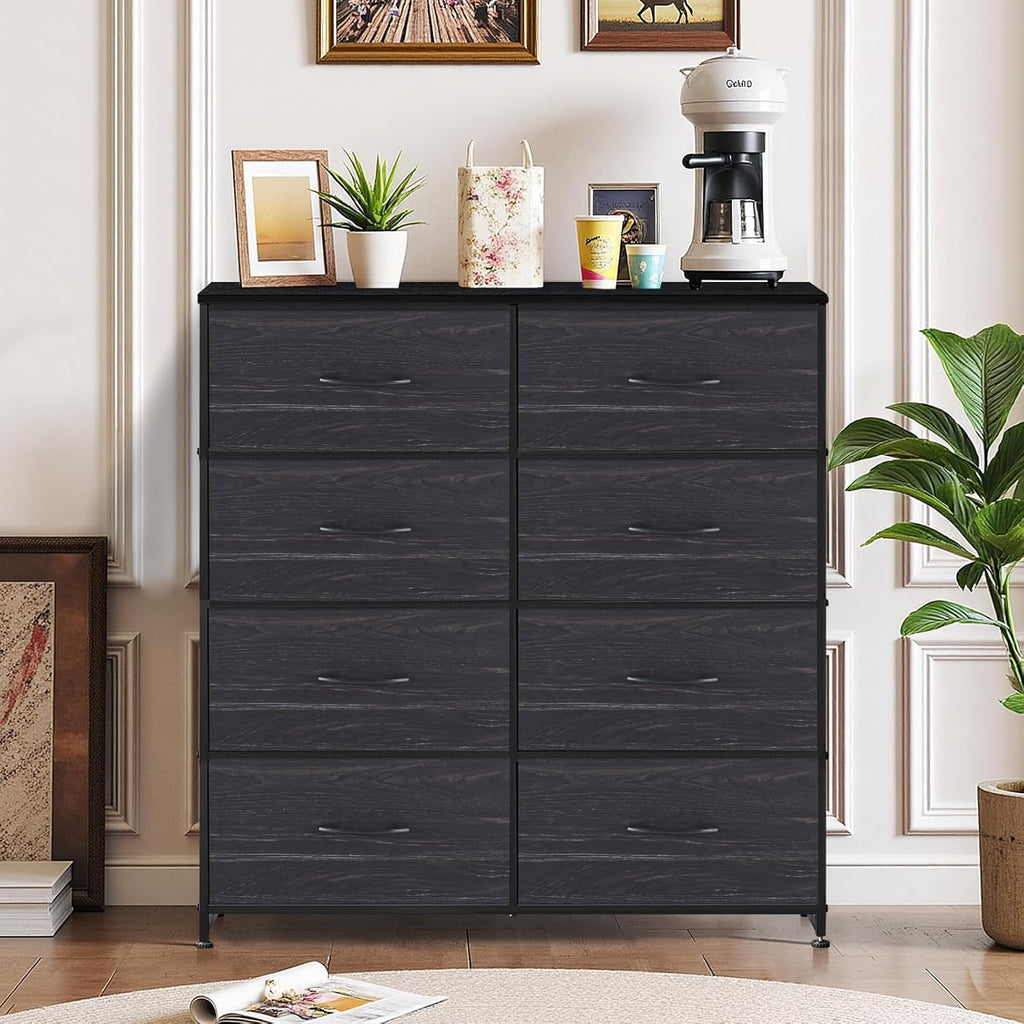Skiennix 8-Drawer Dresser - Anti-Tip Tall Storage Organizer with Wooden Top & Metal Frame | Charcoal Black