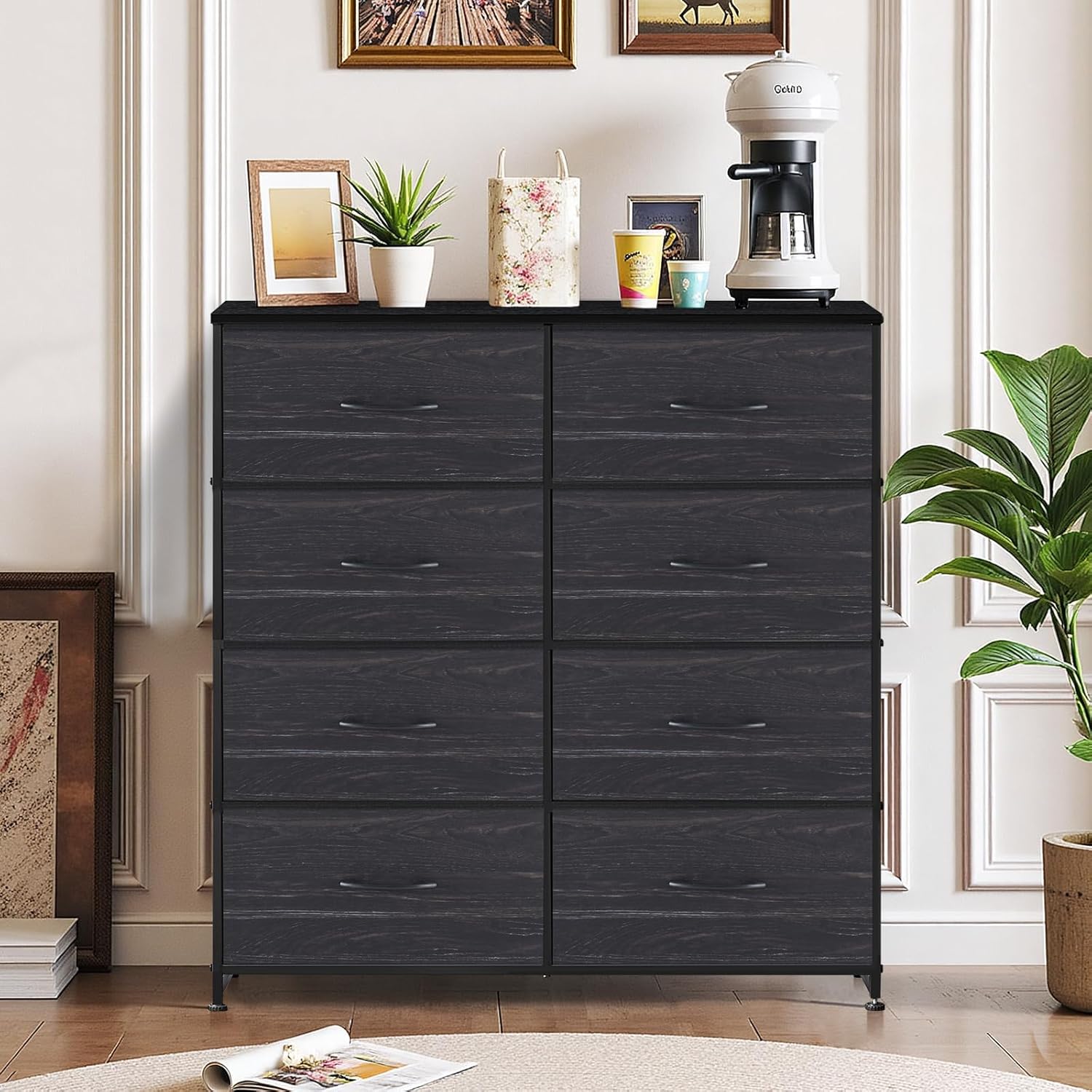 Skiennix 8-Drawer Dresser - Anti-Tip Tall Storage Organizer with Wooden Top & Metal Frame | Charcoal Black