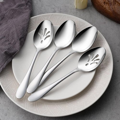 E-far 4-Piece Serving Set | Stainless Steel Buffet Utensils - 2 Spoons & 2 Slotted Spoons, 8.5-Inch, Dishwasher Safe